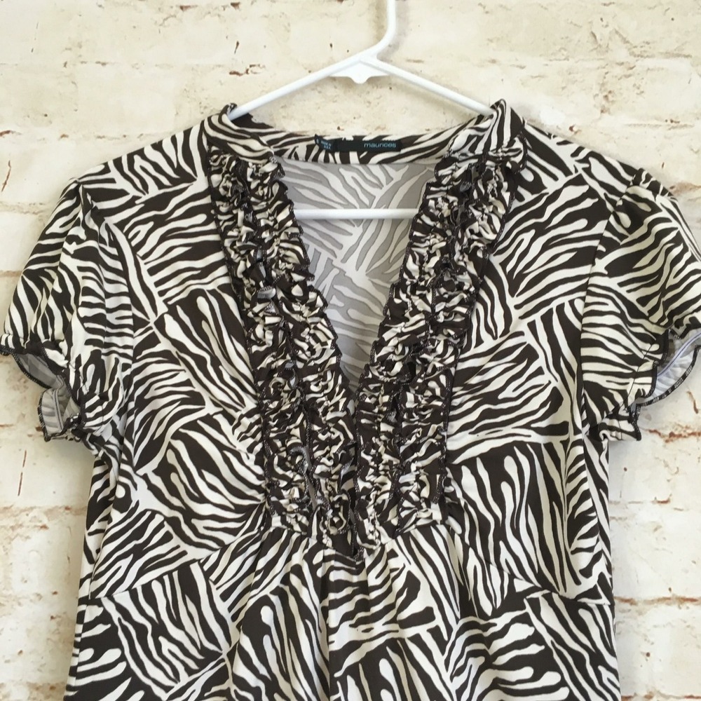 Maurices Women's Size Small Brown White Zebra Print Short Sleeve Blouse - Picture 2 of 6